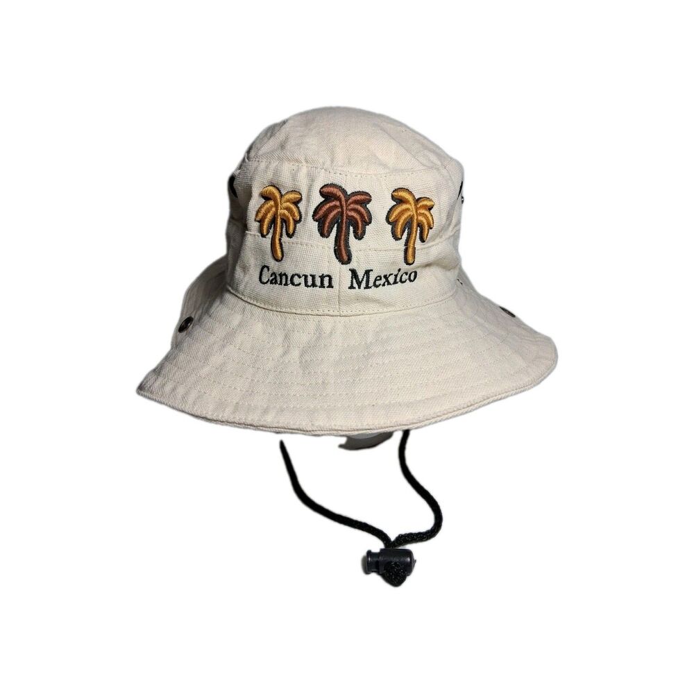 Frank's Cancun Mexico Men's Boonie Hat Beige  Drawstring Embroidered Palms OSFM